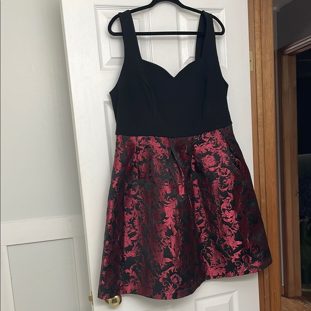 Fit and Flare Dress with Red Floral Brocade and Pockets! US16